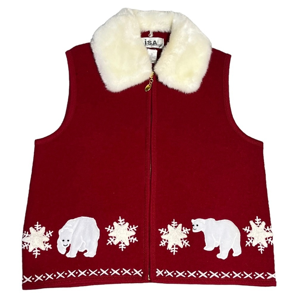 Lisa International Boiled Wool Red Vest Large Polar Bear Snowflake‎ Embellished